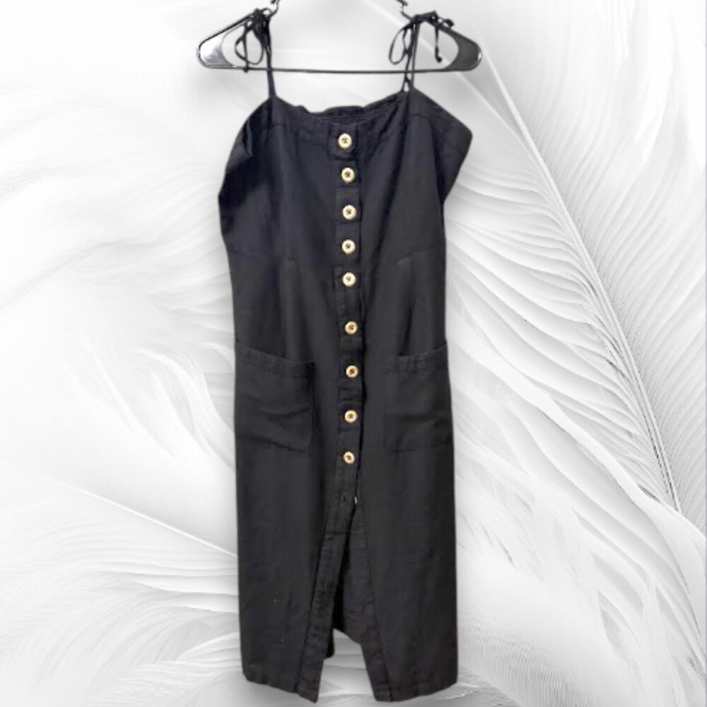 Black Button Front Midi Dress Smocked Back